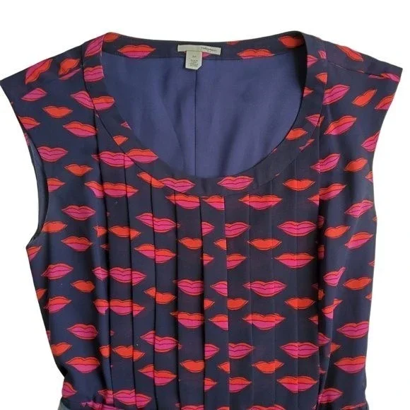 Halogen Sleeveless Pleated Dress Lined Belted Lips Print Women Size 0P - Picture 5 of 12